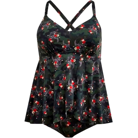 ❤️NWT VINTAGE TORRID SWIMSUIT WIRE FREE ONE PIECE CAMO SKULL BABYDOLL PLUS SIZE - Picture 8 of 13